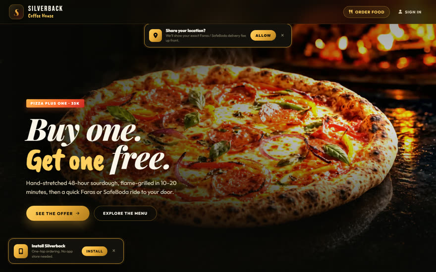 Screenshot of the Silverback Coffee House food ordering website
